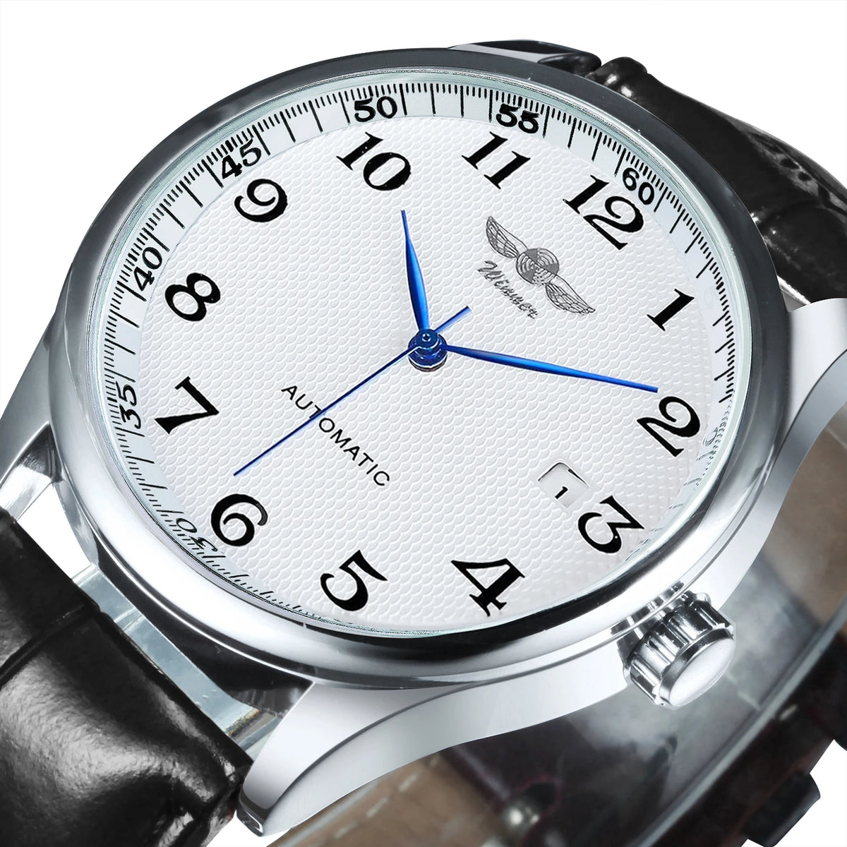 Montre classique pour homme – Style rétro avec calendrier et aiguilles bleues, mouvement mécanique automatique, marque de prestige, boîtier en acier et bracelet en cuir