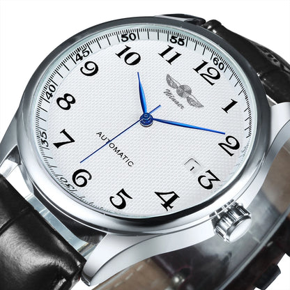 Montre classique pour homme – Style rétro avec calendrier et aiguilles bleues, mouvement mécanique automatique, marque de prestige, boîtier en acier et bracelet en cuir