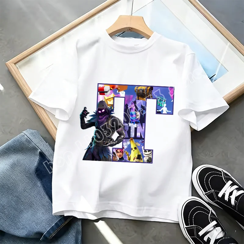 Fortnite A-Z Alphabet Print T Shirt Summer Kids White Clothing Popular Cartoon Game T Shirt Fashion Casual Short Sleeve Top Gift