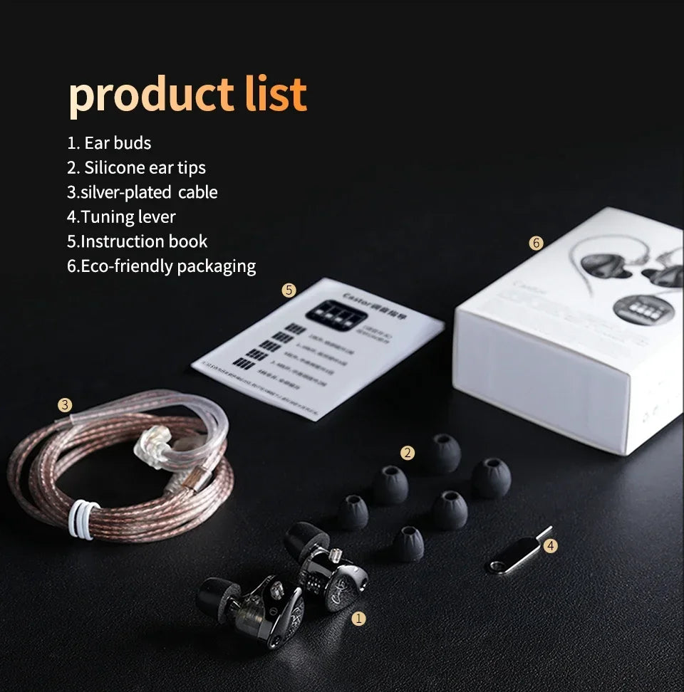 KZ Castor Wired Earbuds Improved Bass HiFi Earphone 2 Dynamic High-end Tunable Balanced Armature In-ear Headphone w/ Accessories