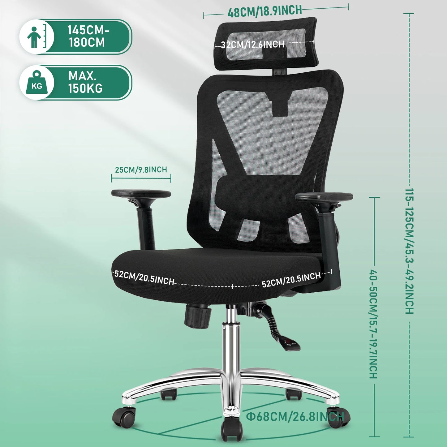 Durrafy Ergonomic Office Chair with Headrest & Armrests, Adjustable Swivel Desk Chair, 90°-130° Reclining Executive Mesh Chair for Home Office