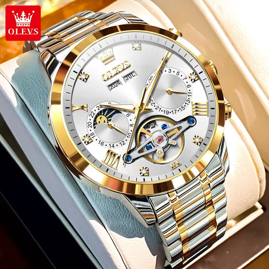 OLEVS Men's Watches - Moon Phase Hollow Flywheel Exclusive Original Automatic Mechanical Watches For Men Luxury Man Watch New 7029