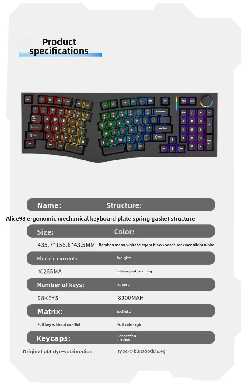 FEKER Alice98pro Mechanical Keyboard Alien Ergonomic 3 ° Slope Hot Swappable RGB with Hand Support Custom Gaming Office Keyboard