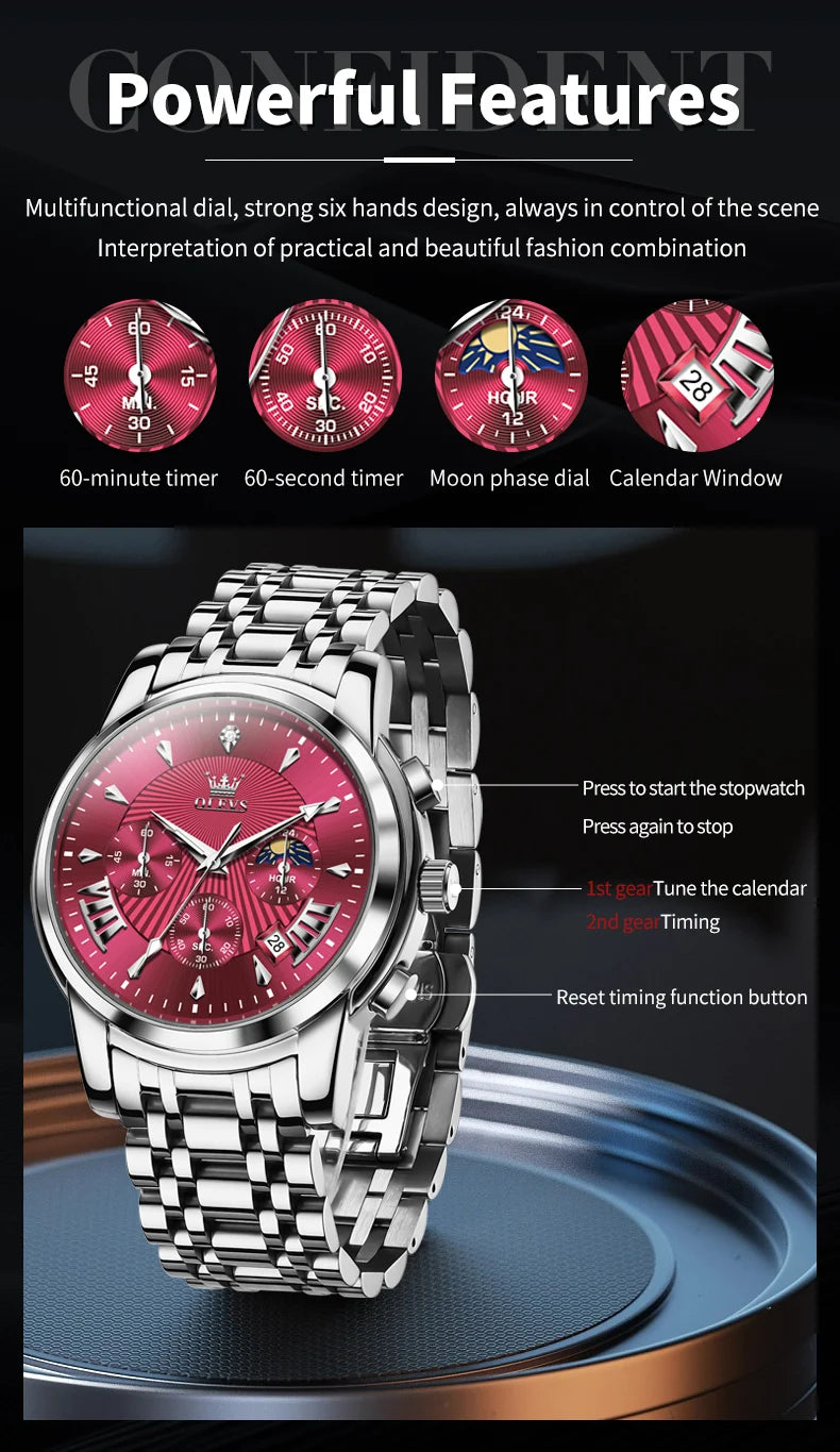 OLEVS Brand Fashion Red Watch For Men Luxury Sport Waterproof Stainless Steel Chronograph Quartz Watches Mens Relogio Masculino