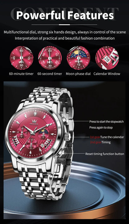 OLEVS Brand Fashion Red Watch For Men Luxury Sport Waterproof Stainless Steel Chronograph Quartz Watches Mens Relogio Masculino