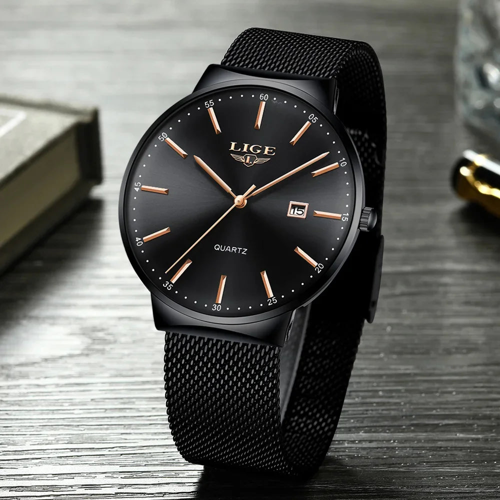 LIGE Herrenuhr, elegantes und luxuriöses Modell, ultraflach, wasserdicht, mit Gliederarmband, Quarzwerk, Datums- und Kalenderanzeige – ideal für einen professionellen Look.