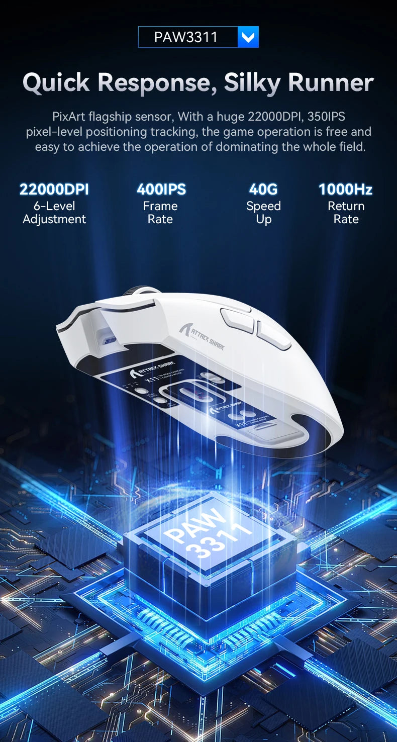 ATTACK SHARK X11 Tri-Mode Lightweight Gaming Mouse have PAW3311,22000DPI,400IPS,40G,59g,Magnetic Fast Charging,RGB backlight