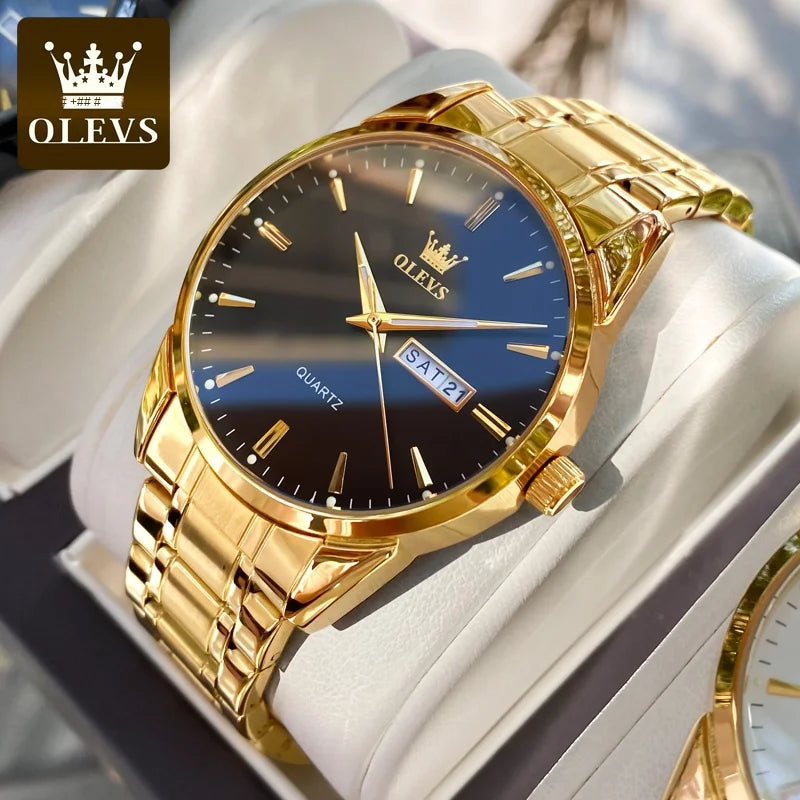 Montre pour homme OLEVS – Montre-bracelet à quartz en acier inoxydable, étanche, dorée, élégante et lumineuse, accessoire de luxe pour hommes