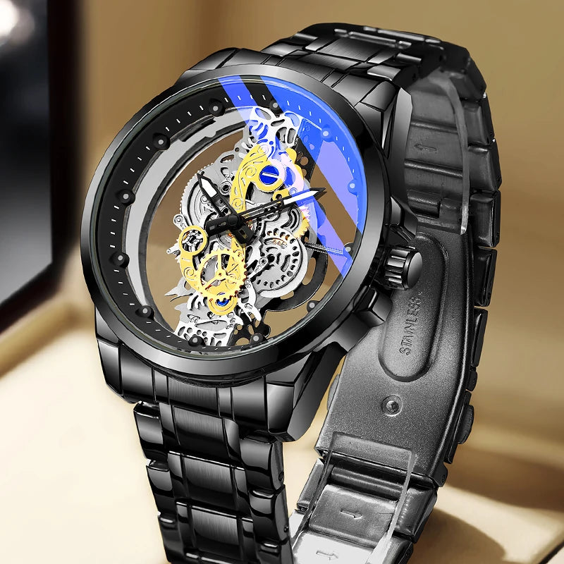 Montre-bracelet pour homme TPW – Style tendance, modèle « squelette » (noir, doré ou bleu), mouvement à quartz (non automatique), accessoire de luxe, collection – Vente en gros