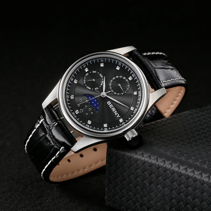 BERNY Men's Watch Date Weeks Moon Phase Quartz Watches for Men Stainless Steel Leather Strap Business Wristwatch Male Clock