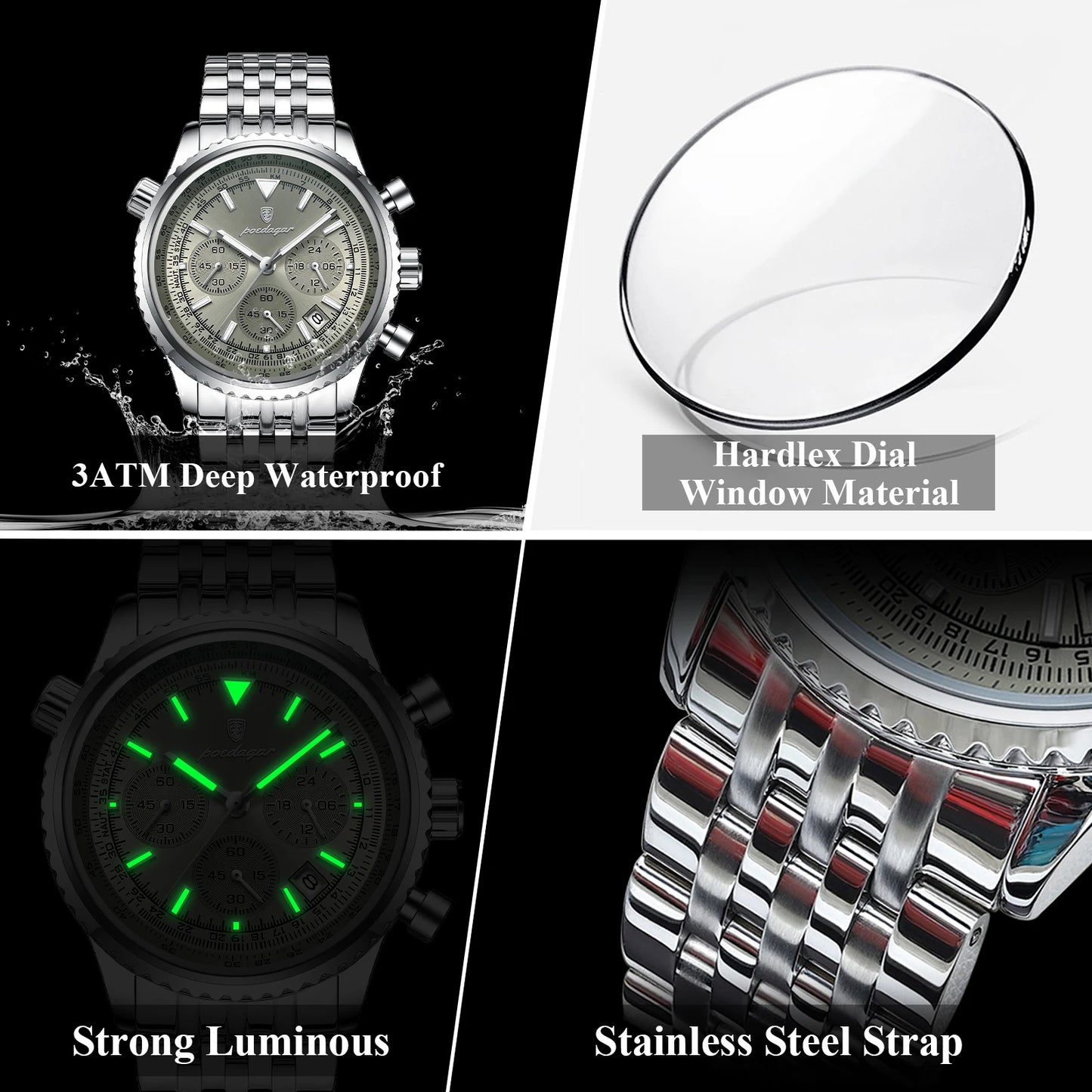 POEDAGAR Fashion Men's Quartz Watch Stainless Steel Waterproof Luminous Man Watch Chronograph Date Multifunction Watches For Men