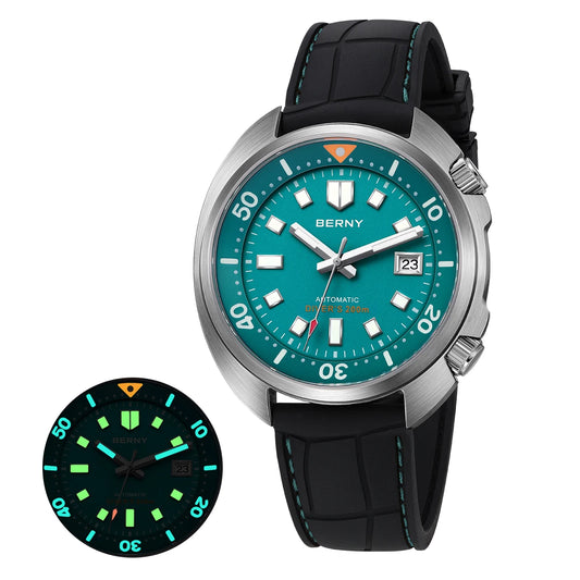 BERNY 20ATM Diver Watch For Men Mechanical Miyota 8215 Sapphire Sports Diving Luminous Anti-collision Crown Dual Crown Men Watch