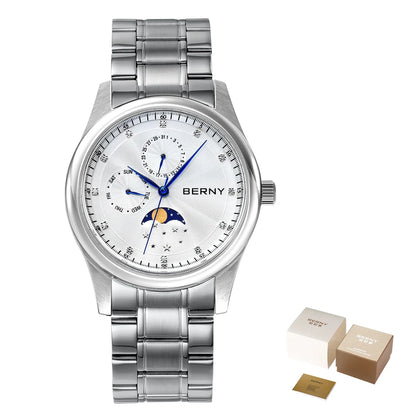 BERNY Men's Watch Date Weeks Moon Phase Quartz Watches for Men Stainless Steel Leather Strap Business Wristwatch Male Clock
