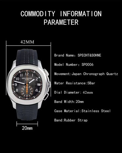 2026 New Specht&Sohne Men's Watches Quartz Watch Top Brand Luxury Chronograph Sport Rubber Luminous 5Bar Waterproof Men's Watch