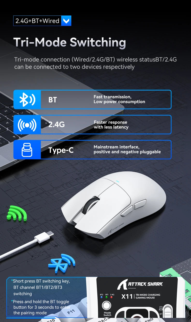 X11 Attack Shark Gaming Mouse Wireless 1K Hz PAW3311 Macro Magnetic RGB Docking Charger for Gaming