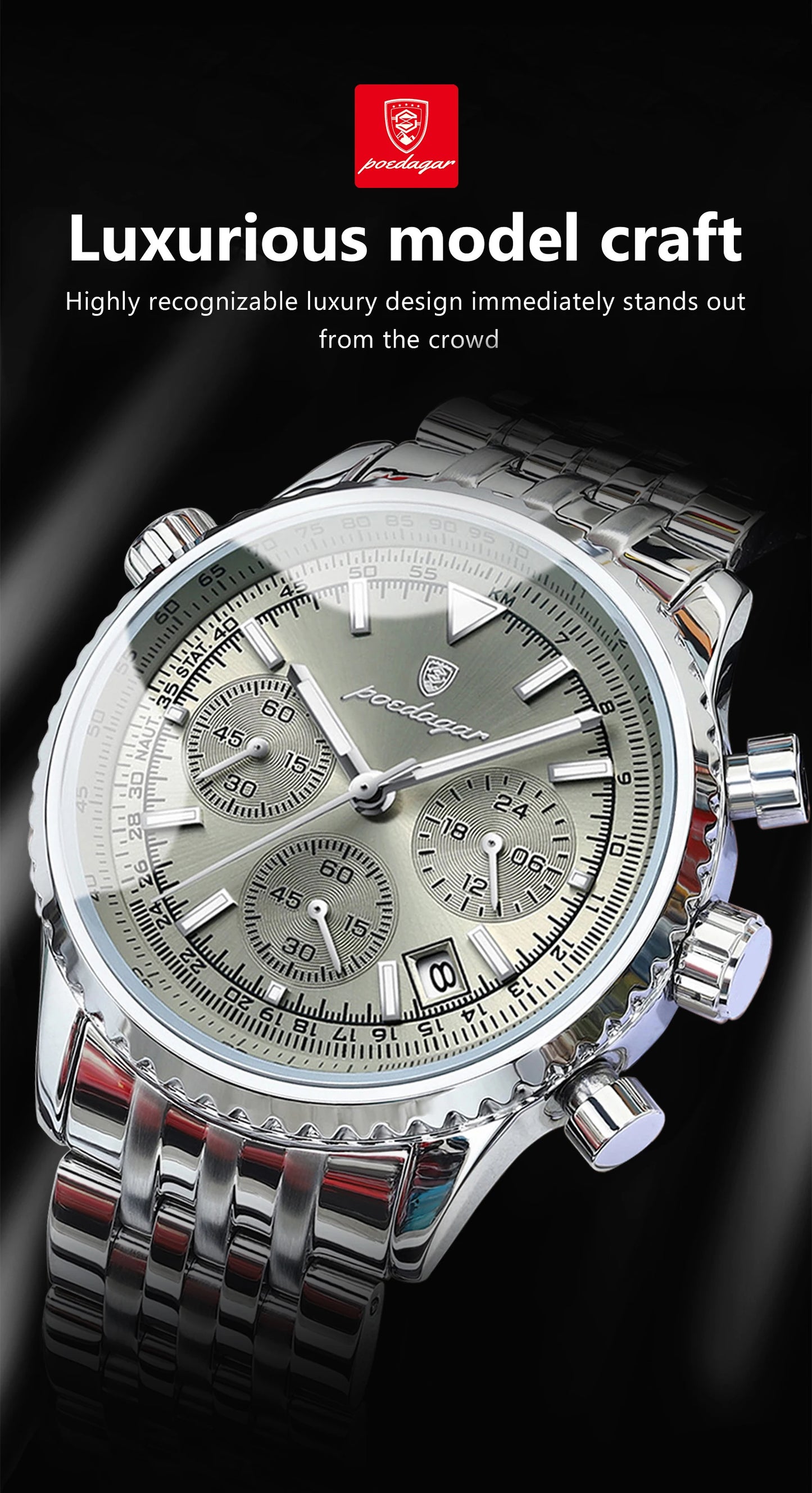 POEDAGAR Fashion Men's Quartz Watch Stainless Steel Waterproof Luminous Man Watch Chronograph Date Multifunction Watches For Men