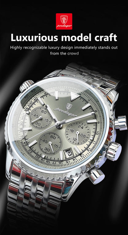 POEDAGAR Fashion Men's Quartz Watch Stainless Steel Waterproof Luminous Man Watch Chronograph Date Multifunction Watches For Men