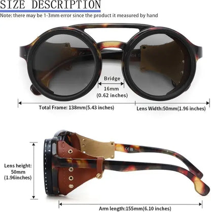 Adjustable 9-Gear ND Filter Steampunk Sunglasses UV400 Round Retro Punk Sun Glasses with Side Shields Leather Patch for Men Wome
