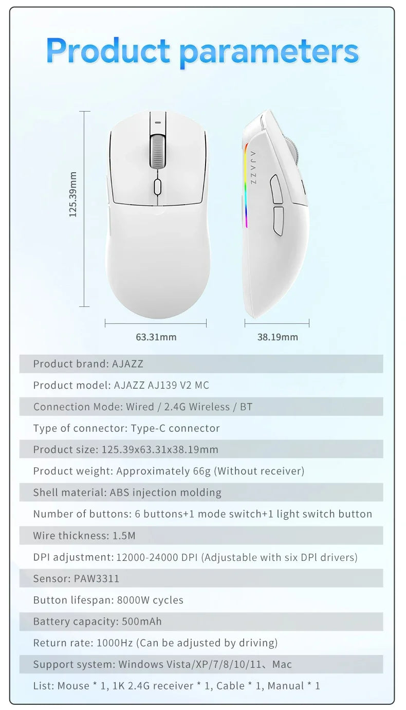 Bezdrátová herní myš AJAZZ AJ139 V2 MC/AJ139 PRO se senzorem PAW3311/PAW3395, 12000DPI/26000DPI, 500mAh, Bluetooth myš pro PC