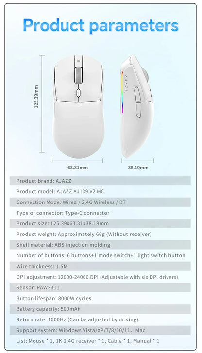 Bezdrátová herní myš AJAZZ AJ139 V2 MC/AJ139 PRO se senzorem PAW3311/PAW3395, 12000DPI/26000DPI, 500mAh, Bluetooth myš pro PC