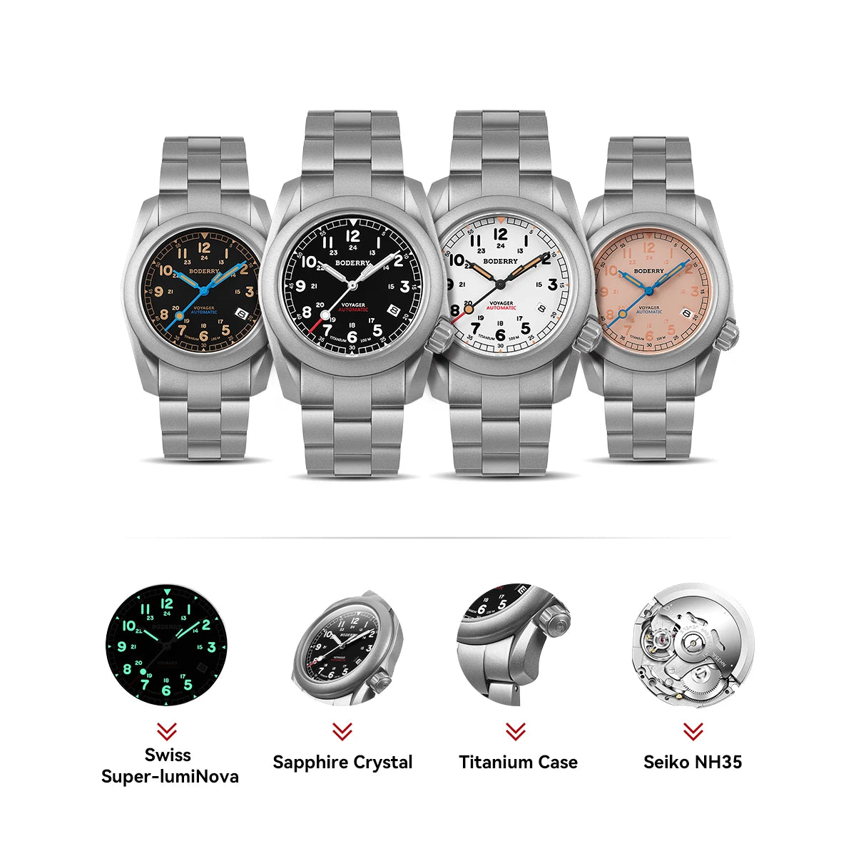 Boderry Field Watches Bronze Case Automatic Mechanical VOYAGER Watch Men's 100M Waterproof Clock Military Top Brand Wristwatch