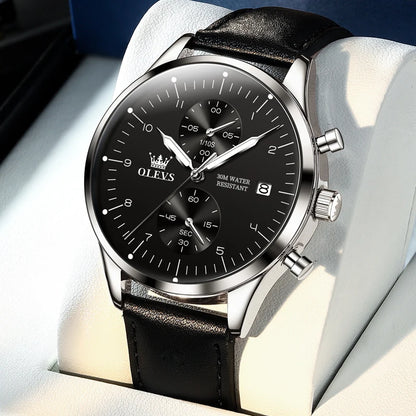 OLEVS 2880 herenhorloge – Elegante en strakke chronograaf, leren band, automatische datumweergave, waterdicht, lichtgevende wijzers, quartz uurwerk.
