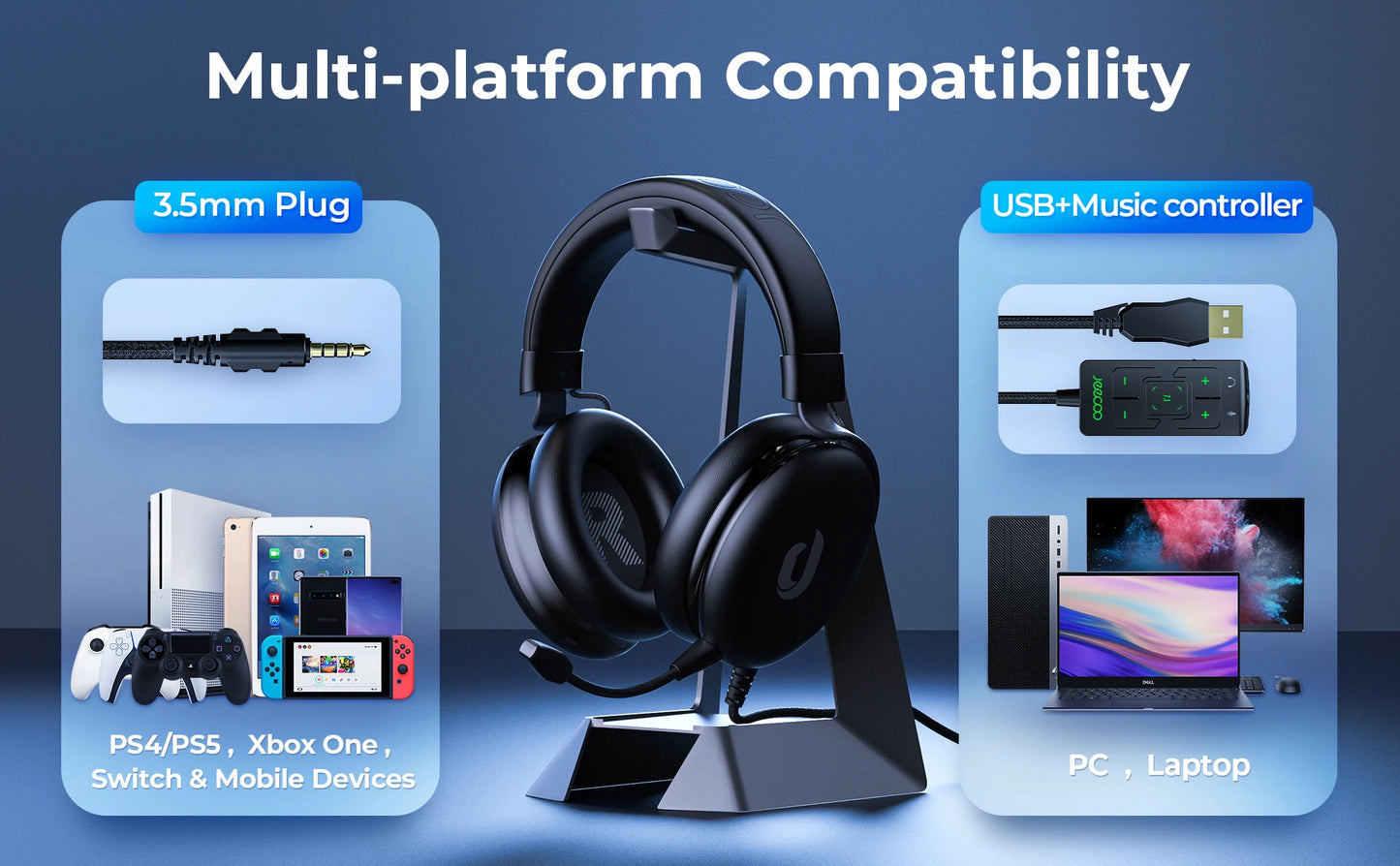 Jeecoo Gaming Headset for PC PS5 PS4 Xbox with 7.1 Surround Sound, Noise Cancelling Mic Gaming Headphones, 50mm Driver Wired Headset