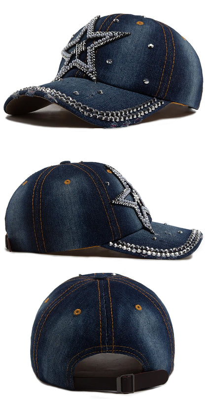 Y2K Pentagram Denim Cloth Baseball Cap Women Fashion Vintage Snapback Men Female Hip hop Shiny Rhinestone Hat For Spring Autumn