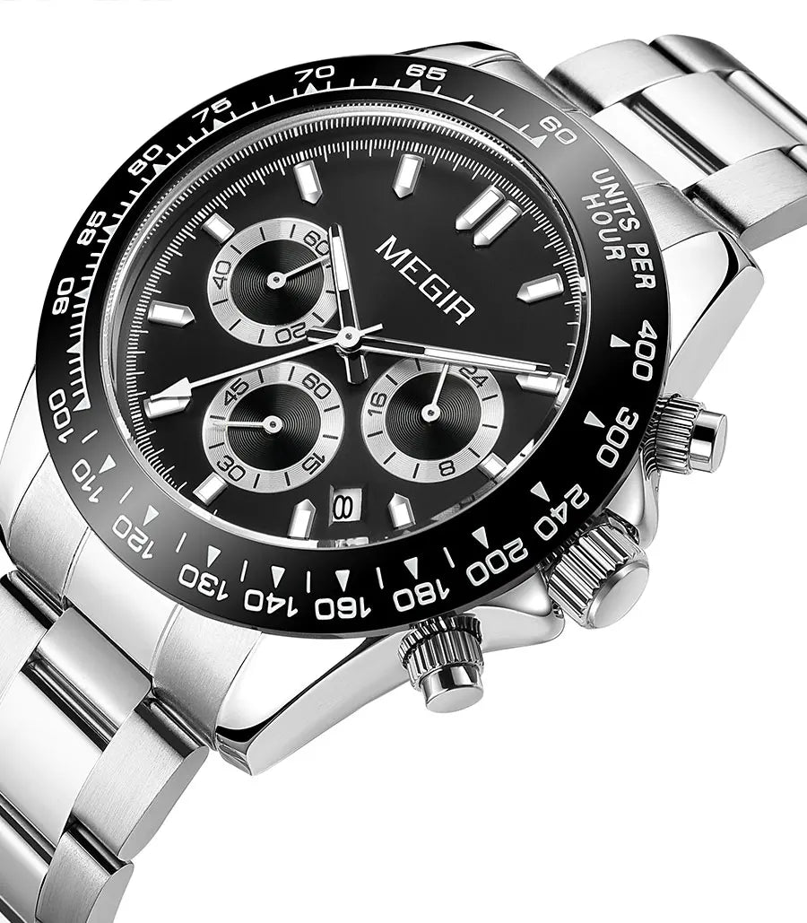 MEGIR men’s watch, luxury brand, quartz sports watch, stainless steel bracelet, water-resistant, chronograph, wristwatch