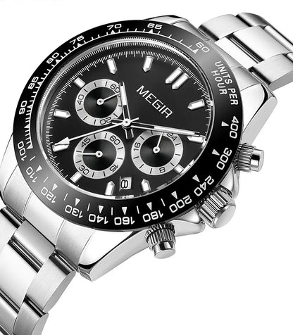 MEGIR men’s watch, luxury brand, quartz sports watch, stainless steel bracelet, water-resistant, chronograph, wristwatch