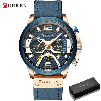 CURREN 8329 herreur – Afslappet sportsstil, militærinspireret design, læderrem, trendy kronograf, luksusur fra et kendt mærke