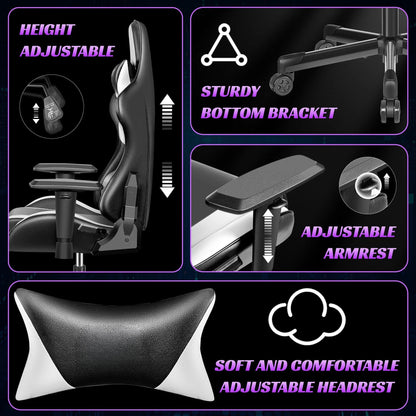 Gaming Chair, Ergonomic Game Chair, Multi-Level Adjustable, Swivel Home Office Chair, Black & White