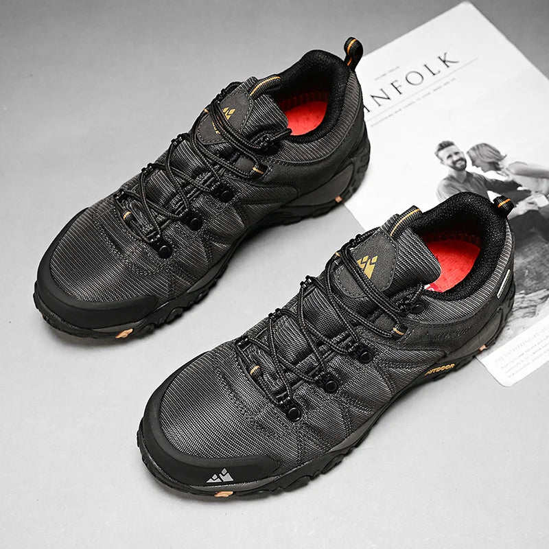 HIKEUP Four-Season Men's Hiking Shoes Outdoor Sports Genuine Leather Wear-Resistant Climbing Shoes Rubber Sole Trekking Sneaker