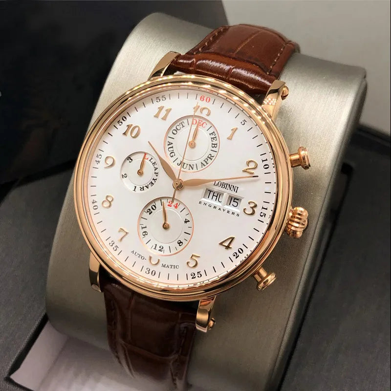 Relógio masculino mecânico automático LOBINNI Luxury Brand Switzerland com calendário perpétuo, vidro de safira e mostrador multifunções L13019-8