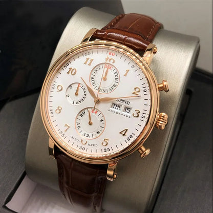 Relógio masculino mecânico automático LOBINNI Luxury Brand Switzerland com calendário perpétuo, vidro de safira e mostrador multifunções L13019-8