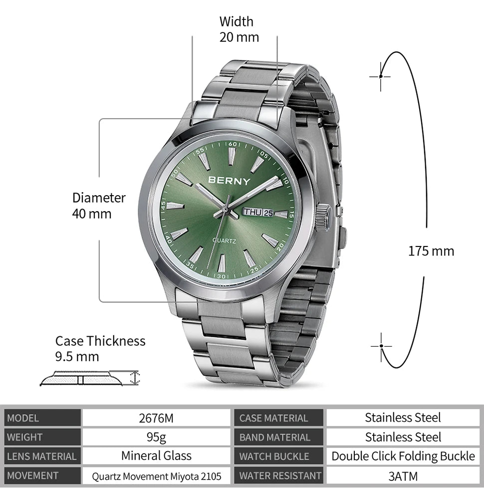 BERNY Men Quartz Watch  Fashion Texture Wristwatch for Men Ultra Thin Men Watch Calendar Luminous Stainless Steel Dress Watches