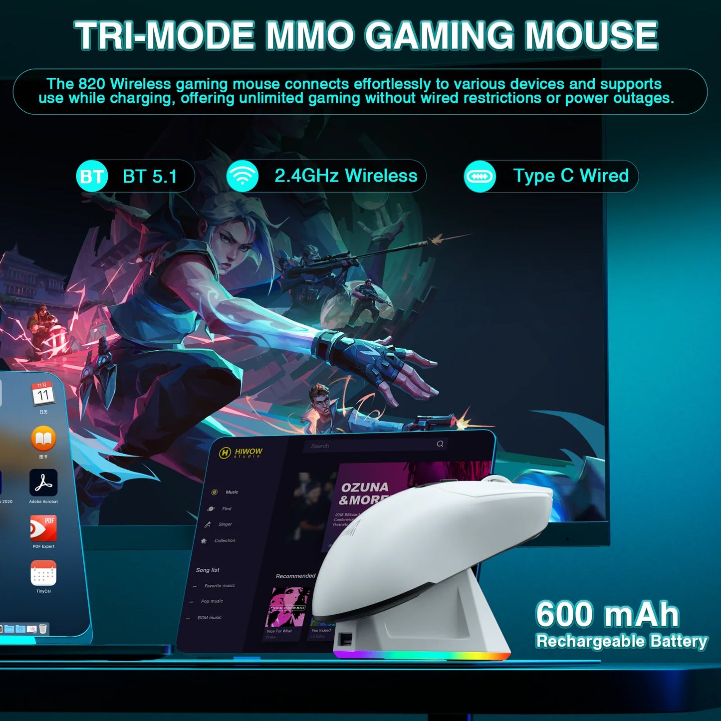 SOLAKAKA SM820 trådlös mus i tre lägen med magnetisk laddningsdocka, RGB, PAW3311, 24000DPI, trådlös makro-gamingmus, ultralätt