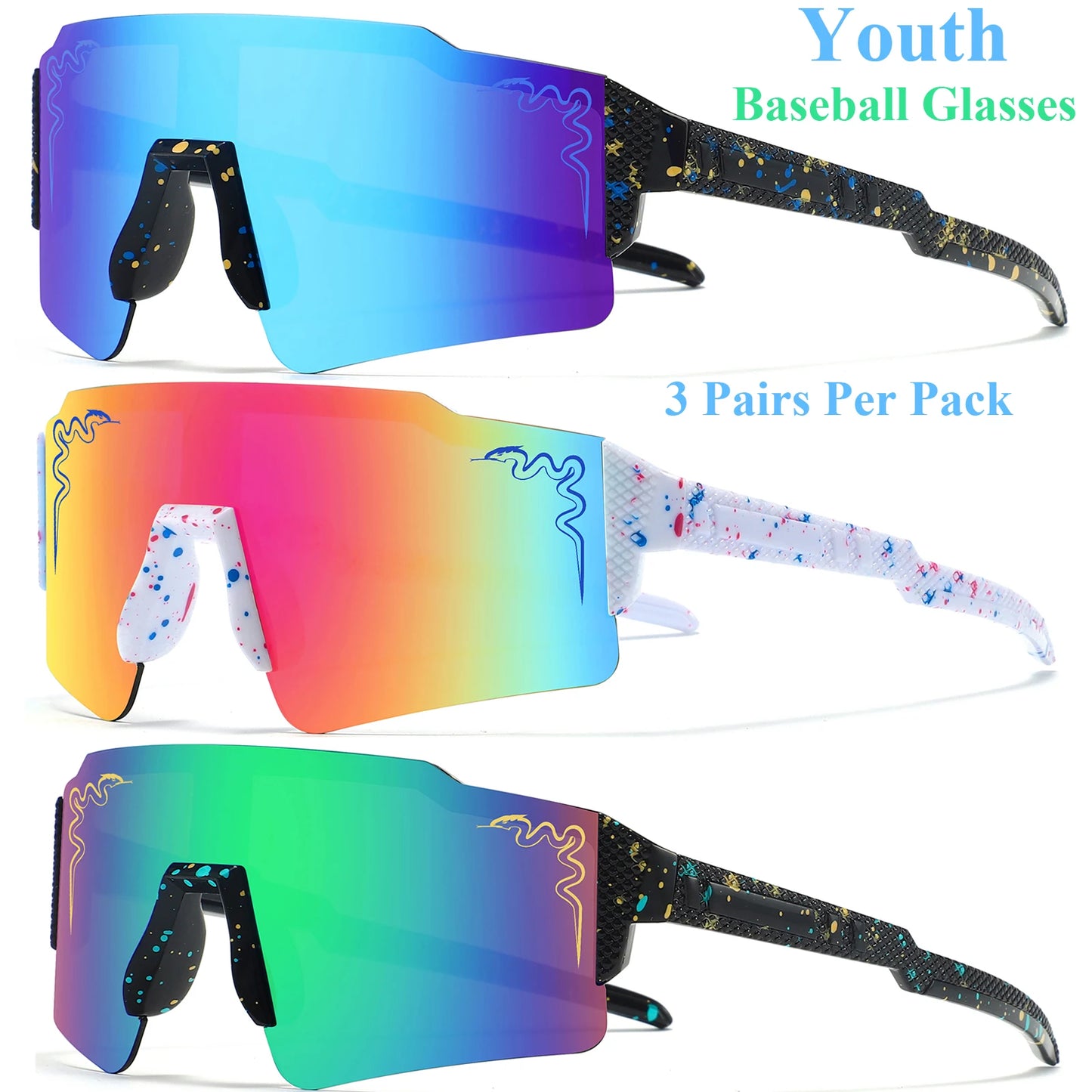 3 Pairs  Age 5-18 Youth Baseball Sunglasses Boys Girls Glasses Outdoor Sport Cycling Goggles Children Kids Softball Shades