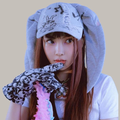 Celebrity-Inspired Niche Rabbit Ear Denim Ripped Baseball Cap Washed Graffiti Hip-Hop Sun Hat Trendy Cap