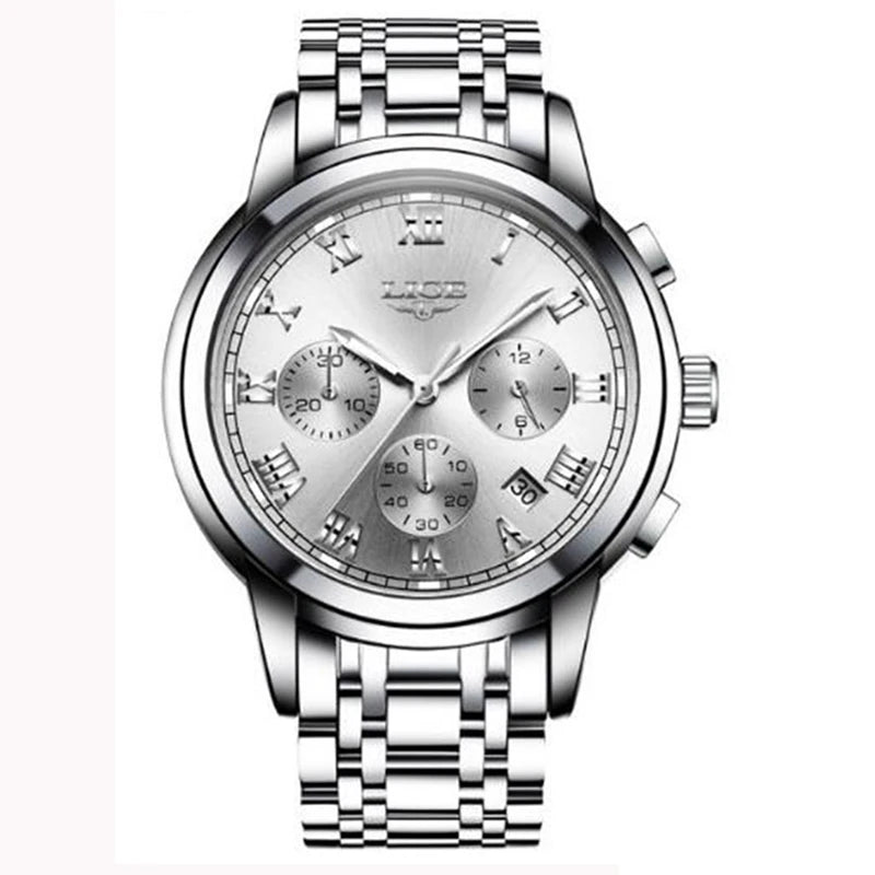 Montre pour homme LIGE – Chronographe de luxe, style sport décontracté, étanche, entièrement en acier, mouvement à quartz