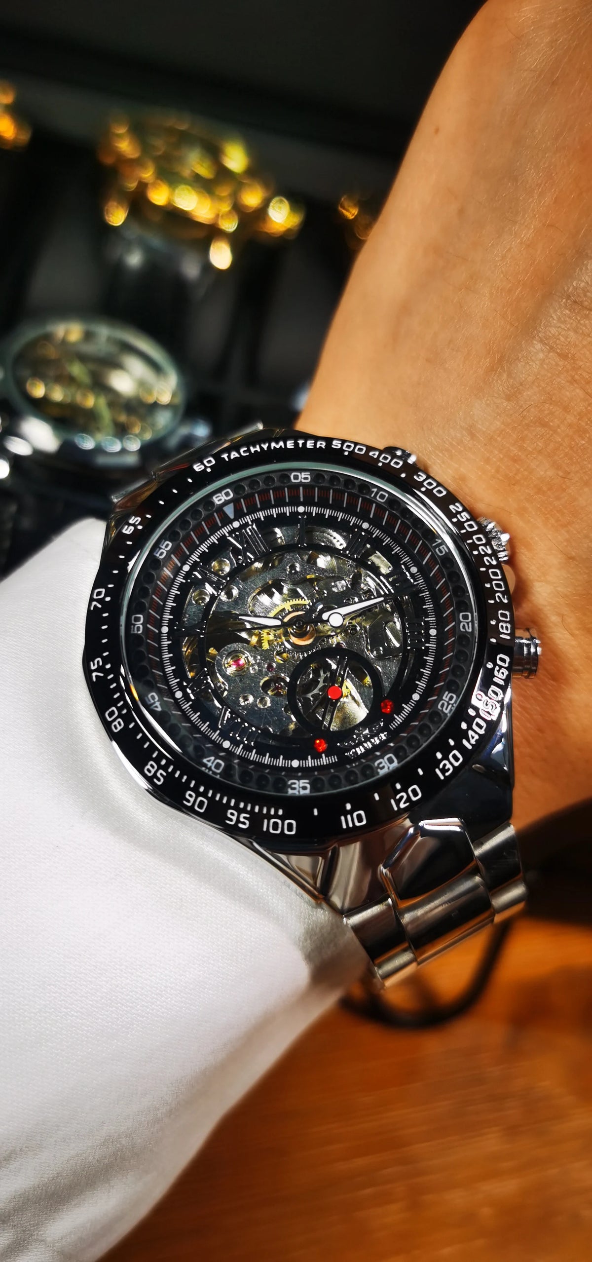 Reloj automático para hombre WINNER: modelo esqueleto transparente, agujas luminiscentes, correa de acero inoxidable, reloj mecánico de marca de lujo