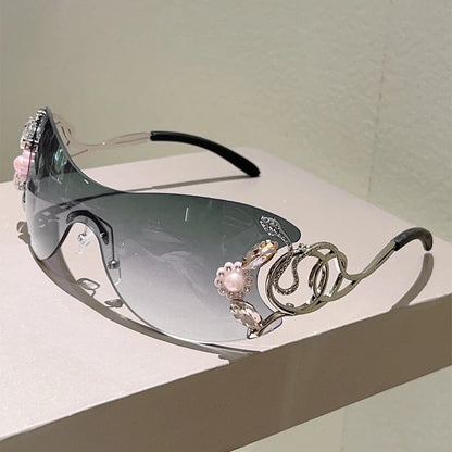 KAMMPT Rimless Y2k Sunglasses with Rhinestones Women Fashion Monoblock Outdoor Decor Shades Trendy Design Gradient Sun Glasses