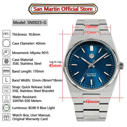 Relógio clássico de homem San Martin 40mm Miyota 9015, relógio de pulso mecânico automático de luxo elegante com bracelete de desengate rápido SN0023