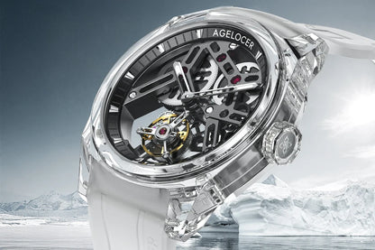 AGELOCER Limited Edition „Ice Never Melts“ Luxuriöse mechanische Handaufzugsuhr mit Free-sprung Crystal Tourbillon