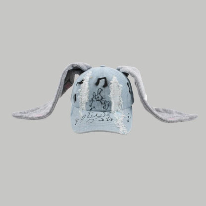 Celebrity-Inspired Niche Rabbit Ear Denim Ripped Baseball Cap Washed Graffiti Hip-Hop Sun Hat Trendy Cap