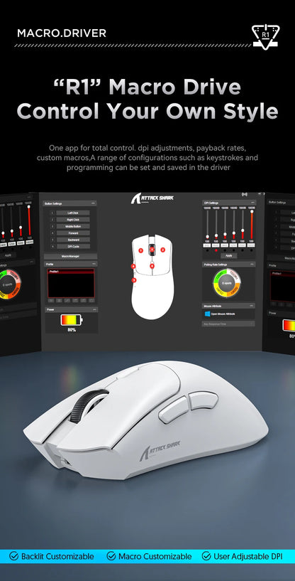 Attack Shark R1 Tri-Mode 2.4g-BT-Wired, PAW3311 18000DPI, 59g  Lightweight Gaming Mouse