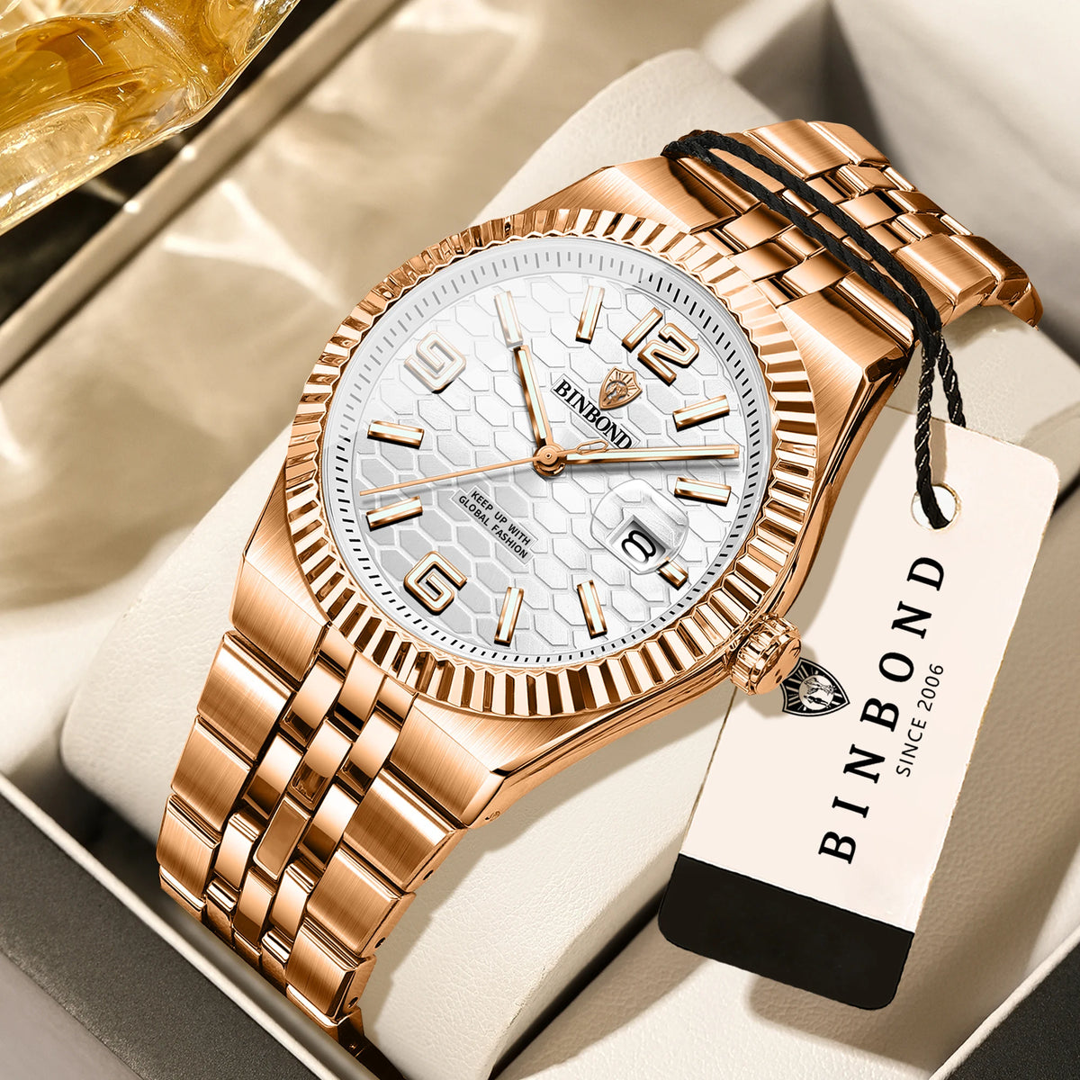 Montre-bracelet à quartz de luxe BINBOND, lumineuse, étanche, date automatique, pour homme, en acier, style business, sport, mode et décontracté.
