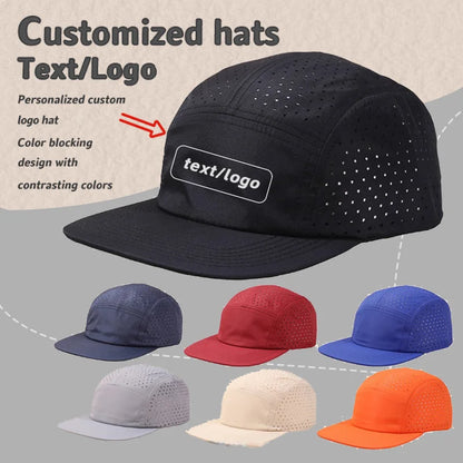 Op maat gemaakt logo, effen kleur, vijfpanelen, sneldrogende baseballpet voor heren en dames, van mesh, ademend, geschikt voor kamperen, sport en skateboarden