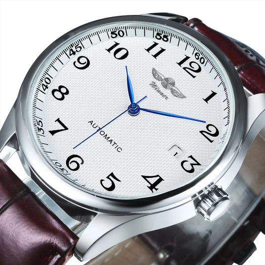 Montre classique pour homme – Style rétro avec calendrier et aiguilles bleues, mouvement mécanique automatique, marque de prestige, boîtier en acier et bracelet en cuir