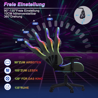 Anajqaqia RGB LED Gaming Chair with Lumbar Massage, Ergonomic Office Chair, Adjustable Reclining Computer Chair 90-135° Backrest